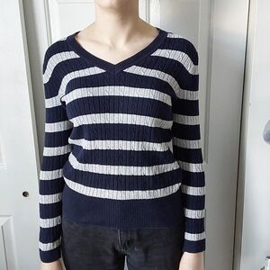 Womens Petite Sweater Navy and Grey Heather Size Large V Neck Tommy Hillfiger